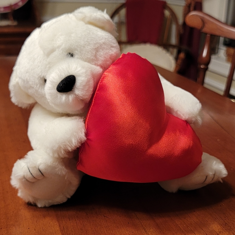 Adorable White Plush Teddy Bear Holding a BIG Red Valentine's Day Heart ♥️